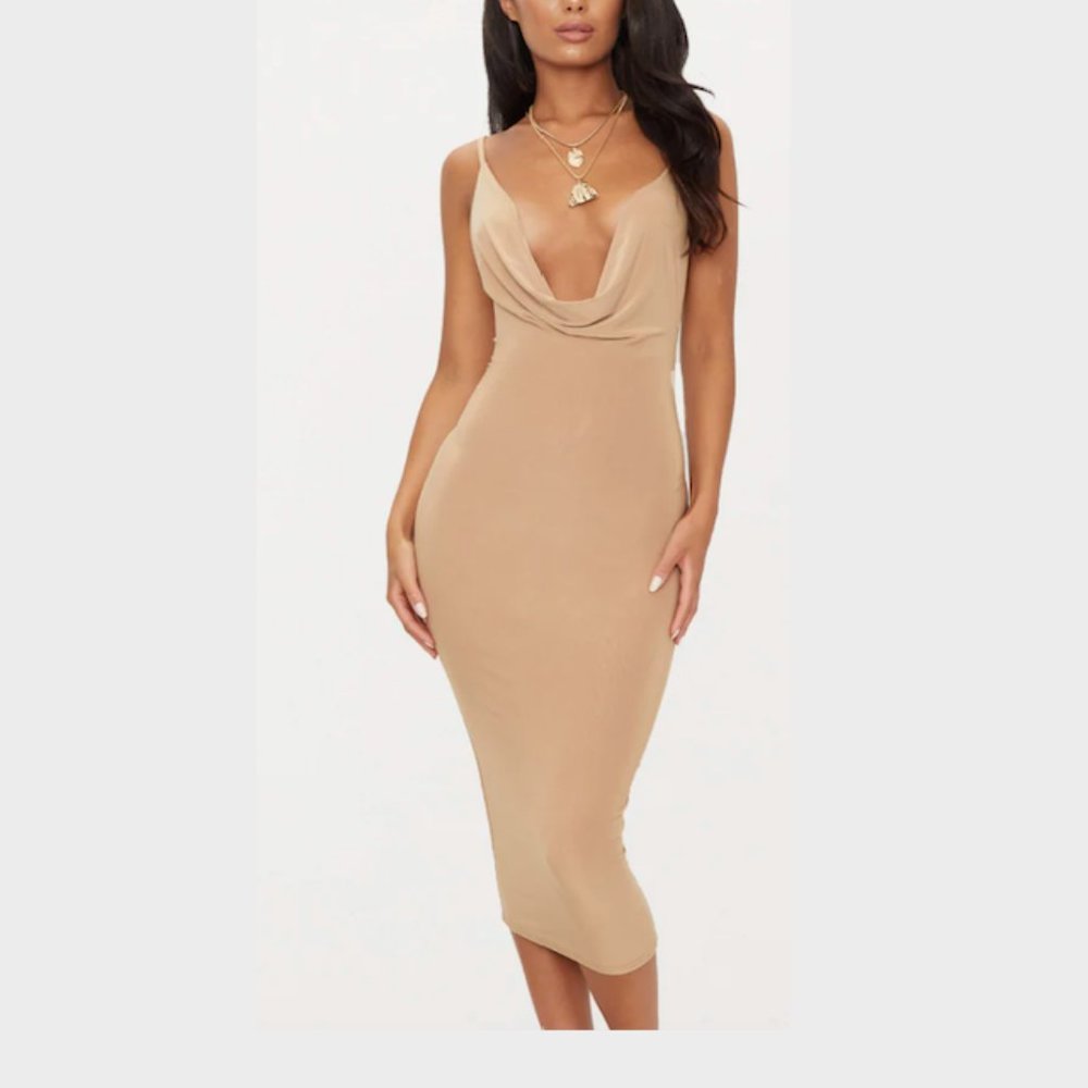 NWT Pretty Little Thing Brown Slinky Midi Dress 8